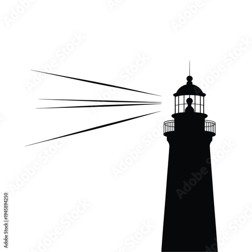 A black silhouette of a lighthouse emitting beams of light