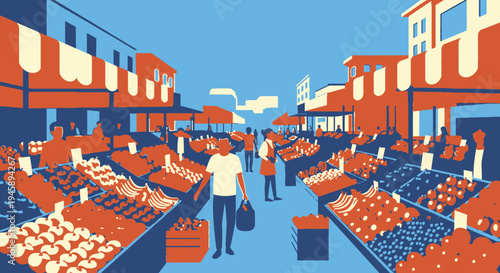 Vibrant farmers market scene with people and fresh produce under colorful awnings
