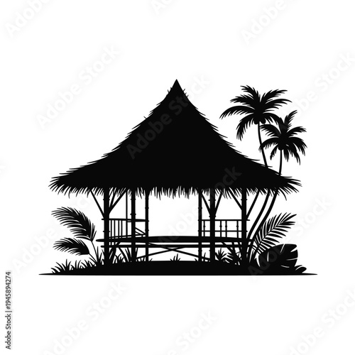 A black silhouette of a thatched roof hut with surrounding palm trees