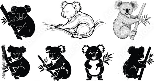 Koala illustrations, stylized poses, tree branch, cartoon expression, halftone texture, sketch style, splatter effect, vector art, character set