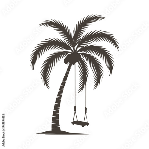 A silhouetted palm tree with a hanging rope swing against white