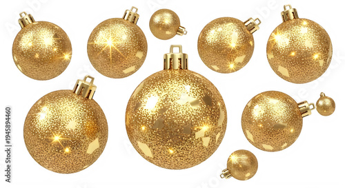 Set of gold glitter christmas ornaments on transparent background