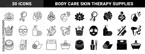 Wellness and Beauty Salon Line and Solid Icons Featuring Lotus Essential Oil Scissors Mirror Monstera Leaf Face Mask and Spa Equipment Symbols