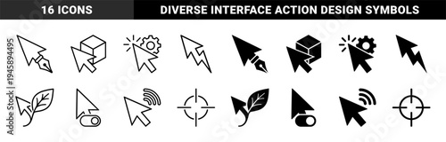 Hybrid cursor icons combining pointer arrows with fountain pen nibs 3d cubes gears organic leaves power lightning bolts and target crosshairs