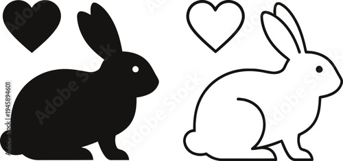 Black and white rabbit with hearts bunny silhouette