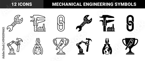 Industrial Engineering Hybrid Icons Featuring Circuit Wrench Robotic Hammer Mechanical Globe and Compass Divider Tools in Outline and Solid Style