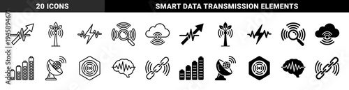 Data Communication and Smart Technology Hybrid Concept with Signal Waves Merged with Brain Cloud Battery and Nature Symbols in Outline and Solid Style