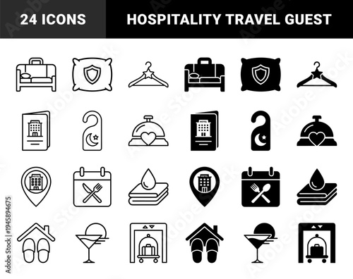 Hospitality and Hotel Service Hybrid Symbols Merging Bedding with Security Shield and Travel Luggage with Elevator Entrance Elements