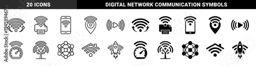 Hybrid wireless connectivity symbols merging signal waves with printer mobile phone location pin speedometer tree network house and rocket ship