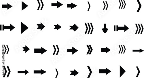 An extensive assortment of black arrow icons displayed in a uniform grid against a pure white backdrop