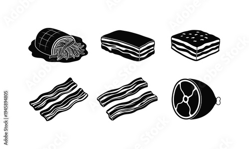 Assorted breakfast pastries and bacon slices with a sausage patty cross-section