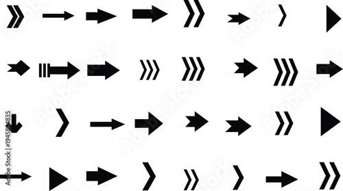 An extensive assortment of black arrows indicating many directions and varied graphic styles displayed on a pure white background