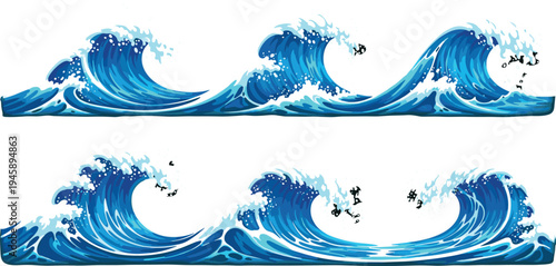 Ocean waves collection big sea surf waves water splash marine flat vector illustration set isolated