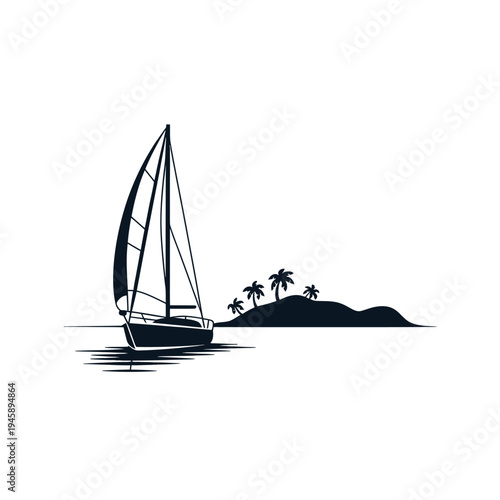 A solitary sailboat glides across calm waters towards a tropical island