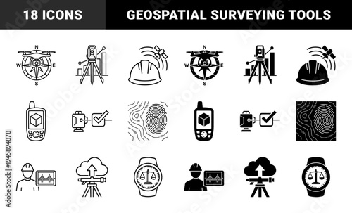 Geospatial Surveying and Land Mapping Hybrid Symbols Combining Drones Compass Needles Theodolites and Topographic Contour Lines for Engineering