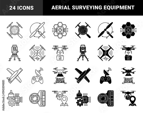 Unmanned Aerial Vehicle Hybrid Concept Icons Featuring Drone Technology Merged with Surveying Tools Data Logistics and Engineering Symbols