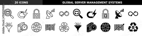 Data Management and Connectivity Hybrid Icon Set Featuring Fiber Optic Power Magnifier Ethernet Cable Infinity and Global Server Synchronization