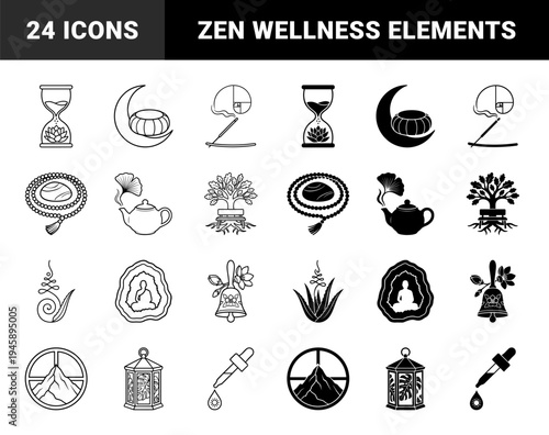Wellness and Mindfulness Hybrid Symbols Merging Lotus with Hourglass Zen Garden Moon Ginkgo Tea and Buddha Geode Elements in Dual Line and Solid Styles