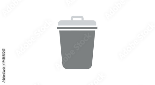 Gray plastic trash can with lid.