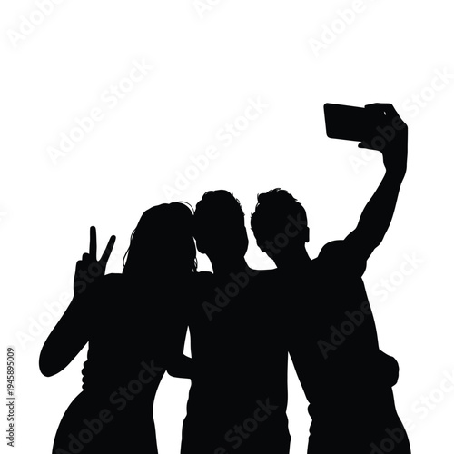 Silhouetted group of three friends taking a selfie with a phone
