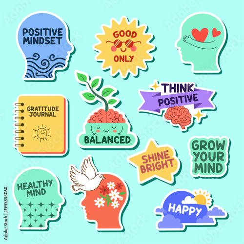 Colorful Mental Health Motivational Sticker Set – Positive Mindset, Self Care, Happy Cartoon Vector Collection