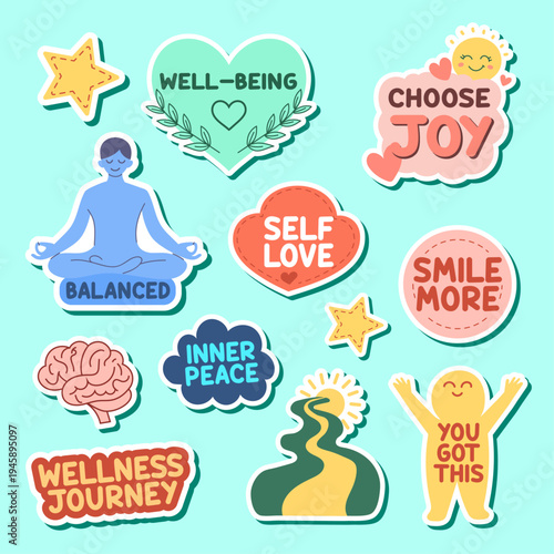 Cheerful Pastel Motivational Sticker Set – Cute Positive Cartoon Vector Illustrations with White Die-Cut Borders