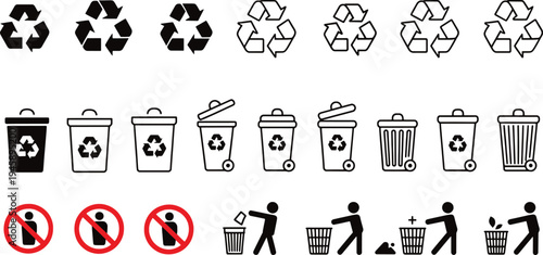 Recycling symbols trash cans and people throwing away waste icons