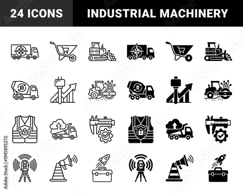 Hybrid industrial construction and logistics icons featuring heavy machinery merged with data symbols like compass trucks and cloud delivery dumpers