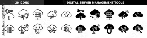 Cloud computing hybrid symbols featuring integrated security shields data servers satellite communication tools and maintenance hardware for network management