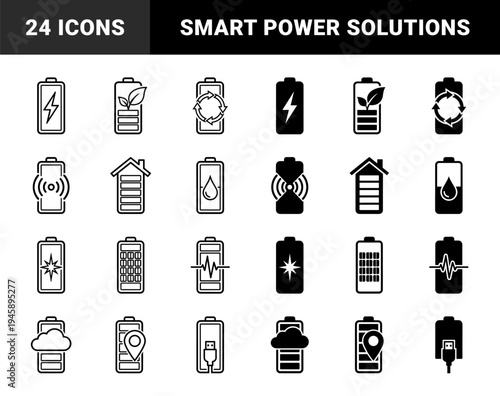 Hybrid energy storage and power management symbol collection featuring battery cells merged with lightning bolts leaves house silhouettes and cloud data storage