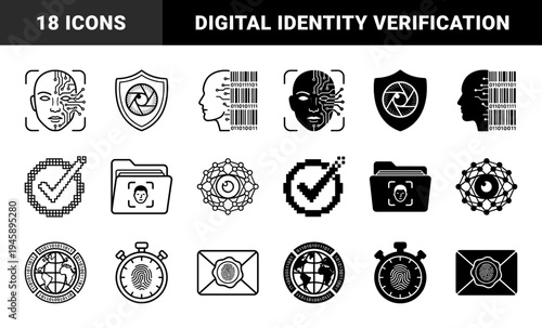 Biometric security and digital identity verification symbols featuring hybrid human face recognition dna encryption and global data monitoring elements