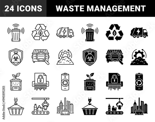 Hybrid waste management and sustainable recycling icons featuring smart trash cans hazardous disposal bags and renewable energy garbage trucks