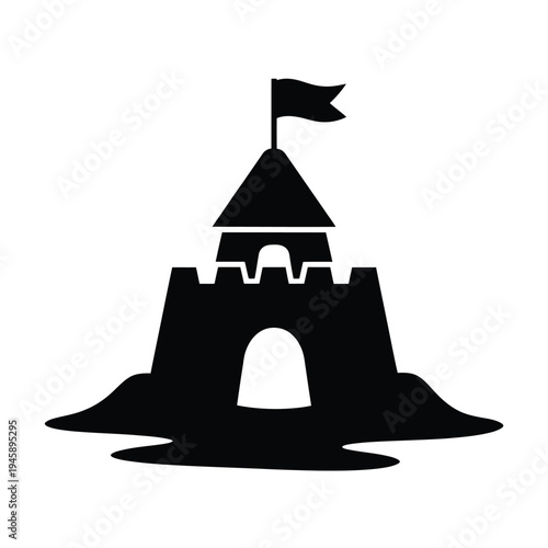 Simple black silhouette of a sandcastle with a flag on top