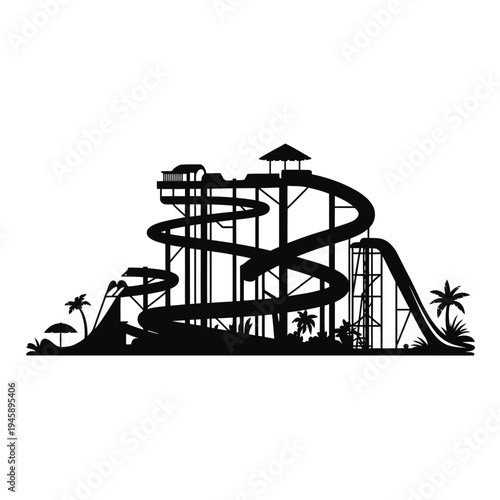Black silhouette of a water park with a tall winding waterslide