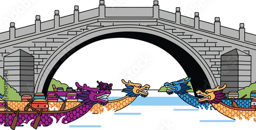 Dragon boat teams paddle intensely towards the finish line beneath an ancient stone arch bridge, capturing the spirit of a lively competition.