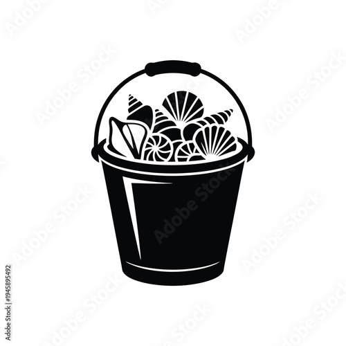A black and white illustration of a bucket filled with various seashells