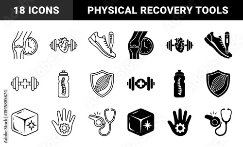 Hybrid sports medicine and physical therapy icons combining anatomy with fitness equipment in both outline and solid minimalist styles