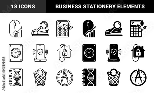 Hybrid conceptual icons combining office supplies and technology with organic growth and security elements in linear and solid silhouette styles