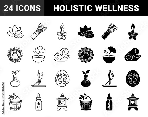 Wellness and holistic therapy hybrid icons featuring zen stones with lotus petals matcha whisk frangipani flower and acupuncture needles
