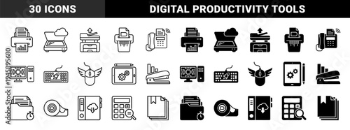 Hybrid Office and Data Management Outline and Solid Glyph Elements Featuring Integrated Computing Cloud Storage and Document Productivity Symbols