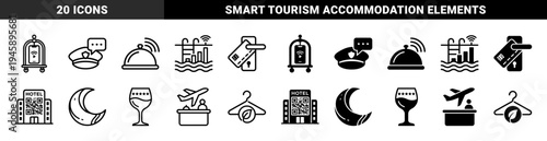Hybrid hospitality and travel service symbol collection featuring smart hotel technology mobile check in and sustainable tourism concepts