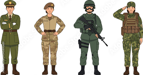 Military soldiers in different army uniforms standing with rifle and salute defense forces flat vector illustration set
