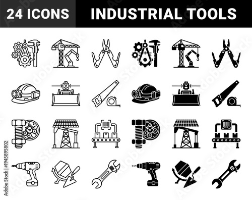 Heavy industrial construction icons featuring hybrid engineering concepts with merged symbols like gear compass crane robot arm and wrench