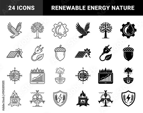 Hybrid ecological energy symbols merging nature with renewable power featuring solar bird wind tree hydro gear and geothermal sprout concepts