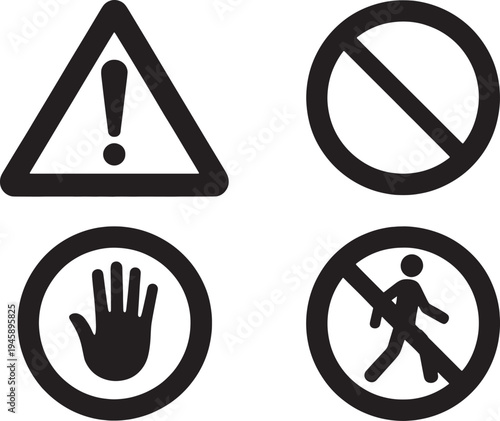 Warning and prohibition signs for safety and restrictions