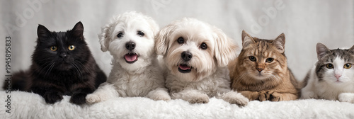 A diverse group of pets including cats and dogs sitting together on a white blanket