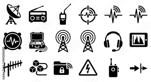 Solid black icons for electronic warfare and signal intelligence. Satellite dishes, scanners, and intercept devices collection. Vector illustration for spy strategy games, tech surveillance blogs, and