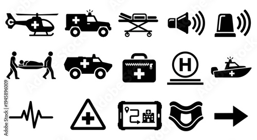 Solid black icons for medical evacuation and emergency transport. Rescue helicopters, ambulances, and stretchers collection. Vector illustration for emergency management apps, war strategy games, and 