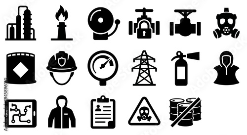 Solid black icons for refinery security and energy infrastructure management. Oil towers, gas detectors, and industrial safety symbols collection. Vector illustration for utility management apps, ener