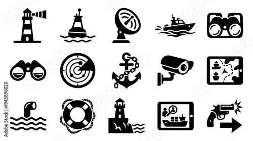 Solid black icons for coastal surveillance and maritime security. Lighthouses, patrol boats, and naval radar collection. Vector illustration for marine strategy games, port management blogs, and tacti